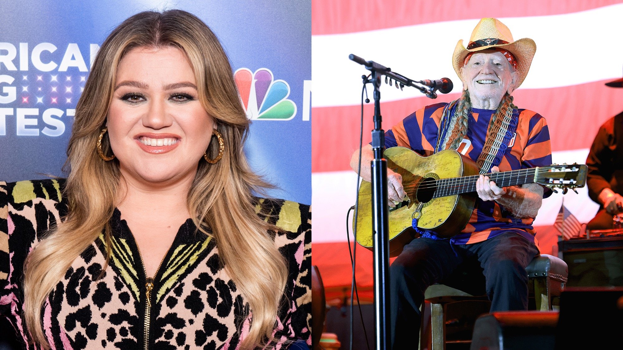 (L) Kelly Clarkson attends NBC's "American Song Contest" week five red carpet at Universal Studios Hollywood on April 18, 2022. (R) Willie Nelson performs in concert during Willie Nelson's 4th of July Picnic at Q2 Stadium on July 04, 2022.