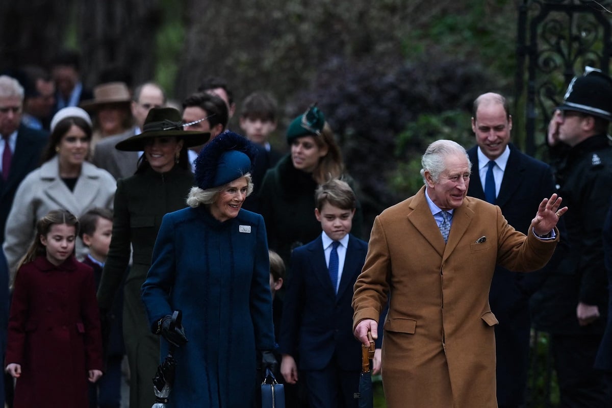 King Charles III, Camilla Parker Bowles, Kate Middleton, Princess Beatrice and other members of the royal family arrive for Christmas Day service at St Mary Magdalene Church in Sandringham