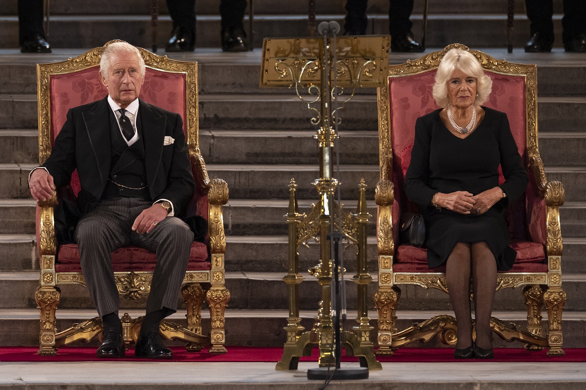 King Charles III and Camilla Parker Bowles take part in an address at Westminster Hall following Queen Elizabeth's death