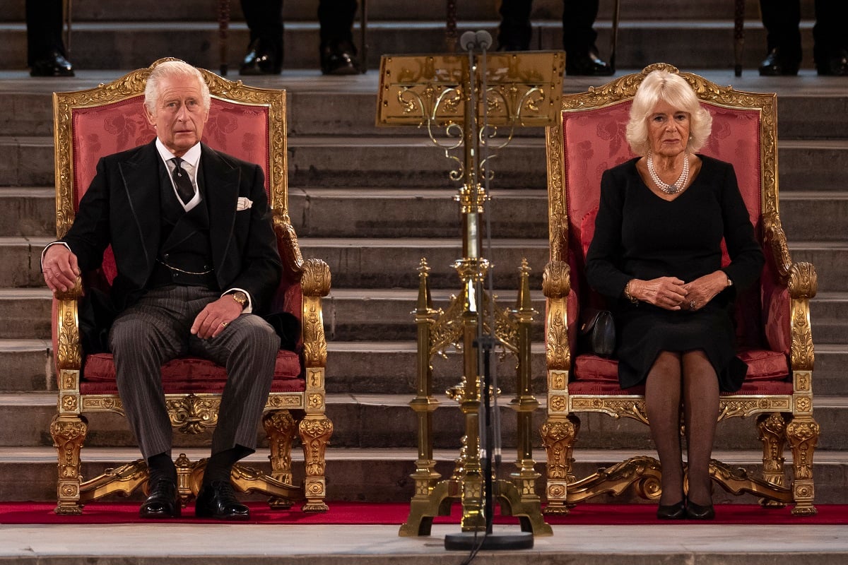 King Charles III and Camilla Parker Bowles take part in an address at Westminster Hall following Queen Elizabeth's death