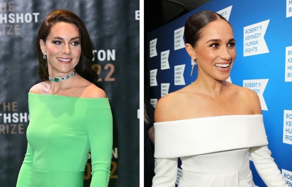 (L) Kate Middleton smiles on the carpet at The Earthshot Prize Awards 2022, (R) Meghan Markle smiles on the carpet at the 2022 Robert F. Kennedy Human Rights Ripple of Hope Gala