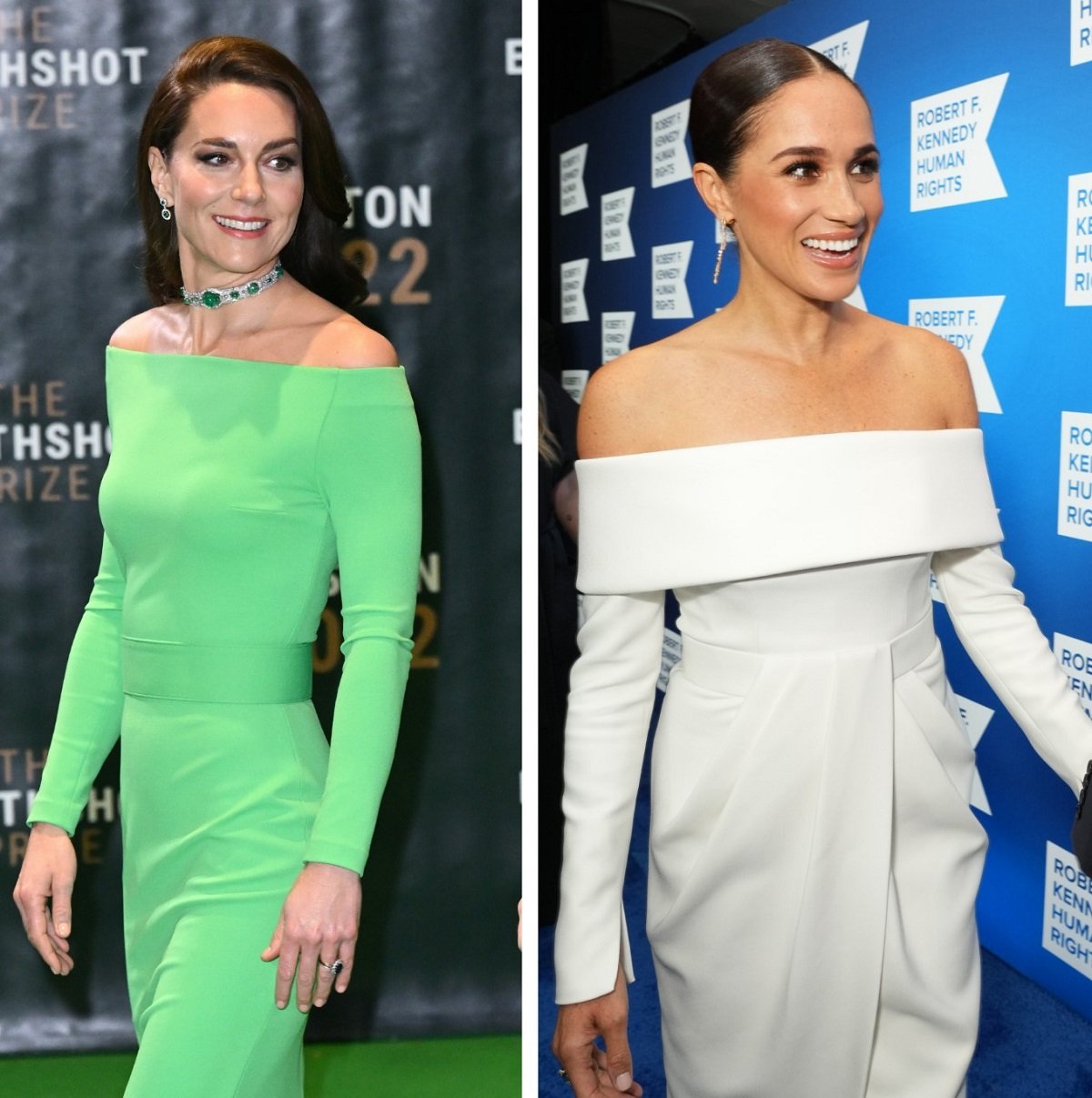 (L) Kate Middleton smiles on the carpet at The Earthshot Prize Awards 2022, (R) Meghan Markle smiles on the carpet at the 2022 Robert F. Kennedy Human Rights Ripple of Hope Gala