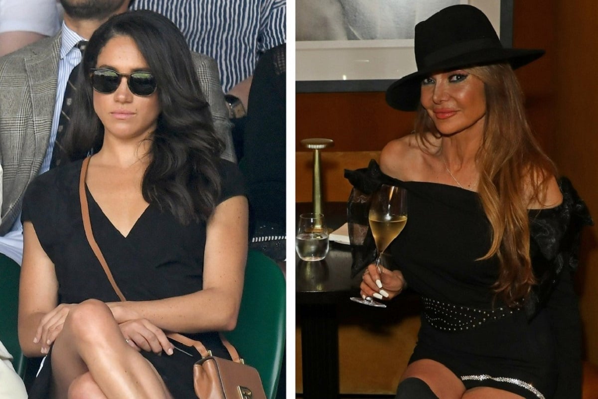 (L) Meghan Markle, whose former friend says Prince Harry will realize marrying her was a "mistake," watching tennis match at Wimbledon, (R) Lizzie Cundy poses for photo at an event in London