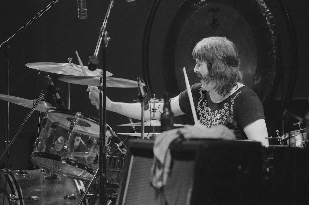 Drummer John Bonham performs with Led Zeppelin at London's Earl's Court in 1975.