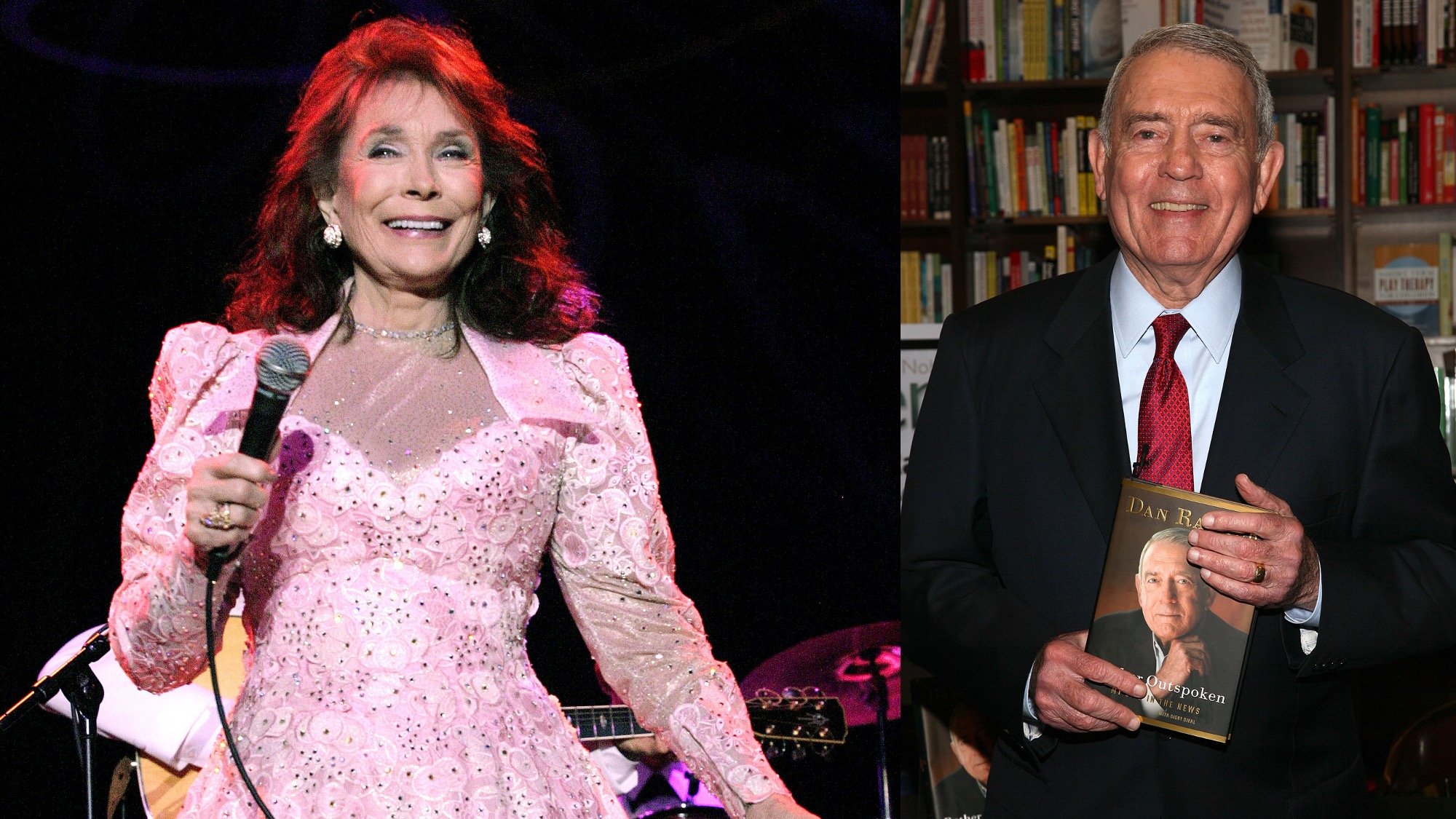 (L) Loretta Lynn performs at Adrian Phillips Ballroom July 31, 2004. (R) Dan Rather promotes "Rather Outspoken: My Life In The News" at Barnes & Noble 82nd Street on May 2, 2012.