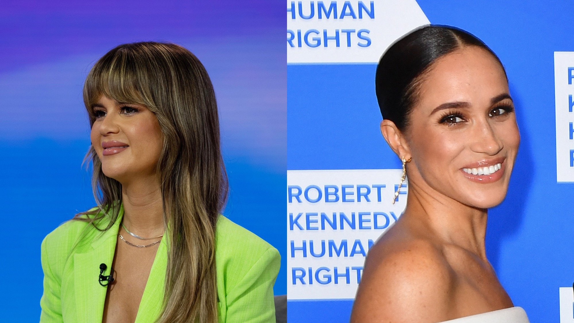 (L) Maren Morris on 'TODAY' on July 28, 2022. (R) Meghan Markle, Duchess of Sussex, arrives at the 2022 Robert F. Kennedy Human Rights Ripple of Hope Award Gala at the Hilton Midtown in New York on December 6, 2022.