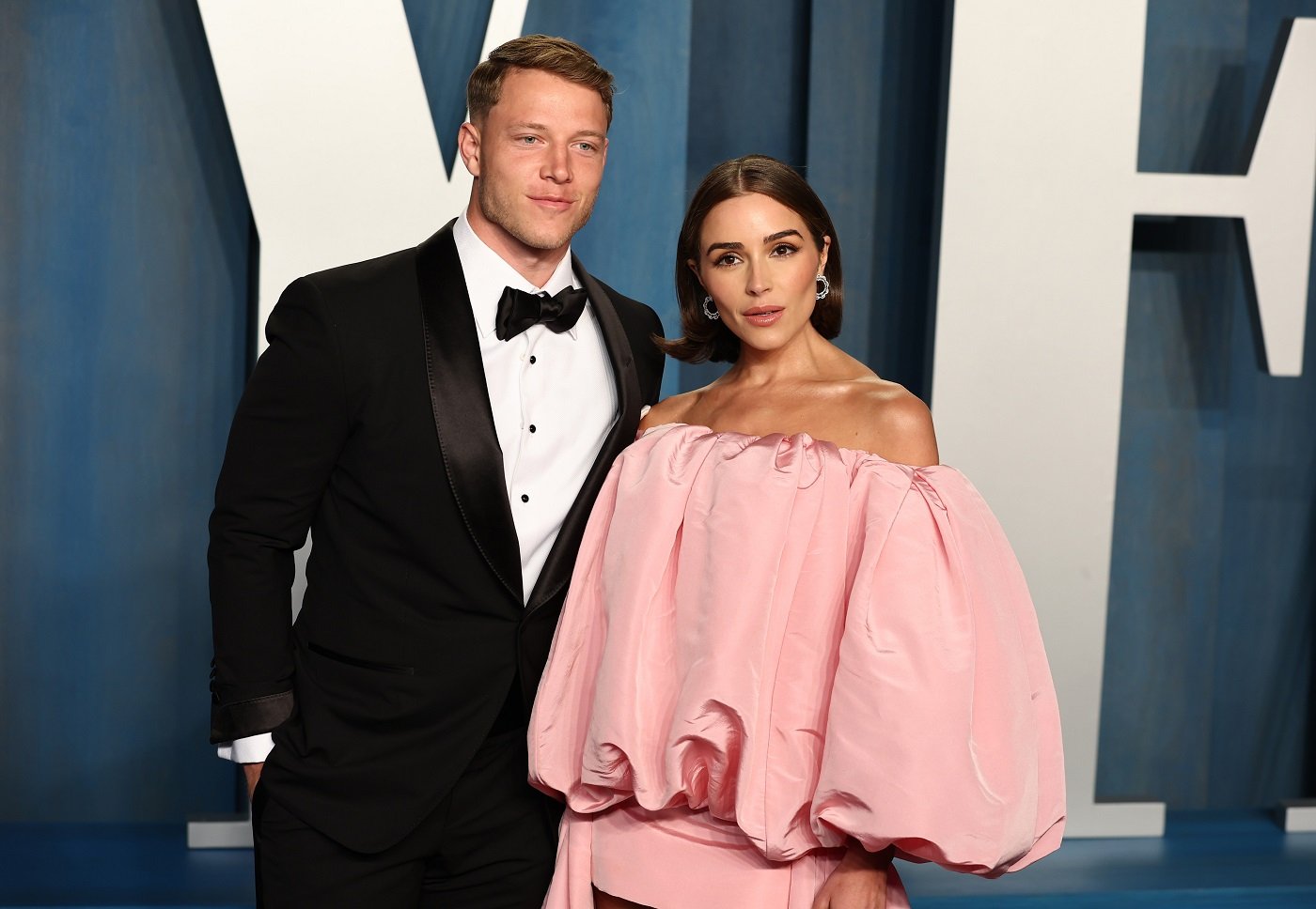 Christian McCaffrey and Olivia Culpo attend the 2022 Vanity Fair Oscar Party hosted by Radhika Jones at Wallis Annenberg Center for the Performing Arts on March 27, 2022