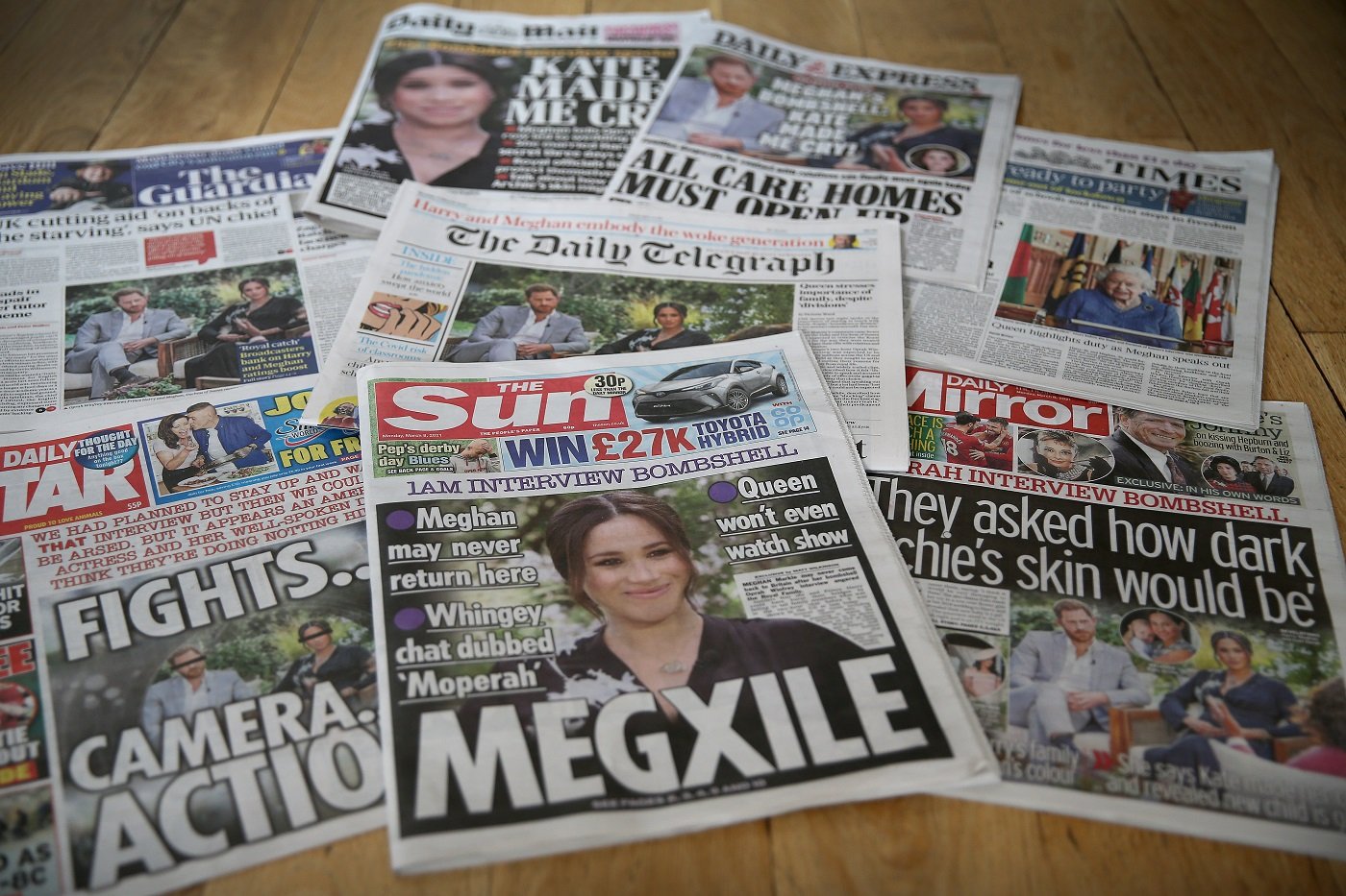 A selection of British newspaper publications in response to the Meghan, Duchess of Sussex and Prince Harry, Duke of Sussex's interview with Oprah Winfrey