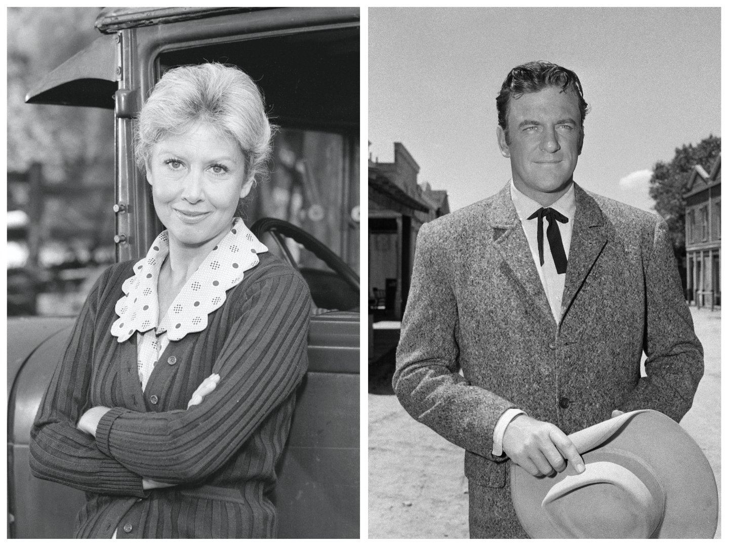 Black and white side-by-side photos of Michael Learned as Olivia Walton on 'The Waltons' and James Arness as Matt Dillon on 'Gunsmoke'