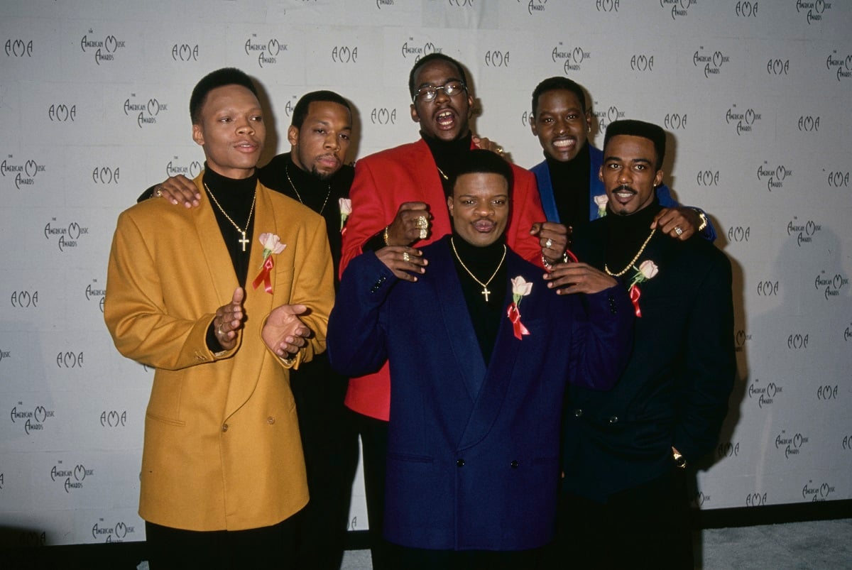 New Edition band members (l-r) Ronnie DeVoe, Michael Bivins, Ricky Bell, Bobby Brown, Johnny Gill and Ralph Tresvant attend the American Music Awards in1994