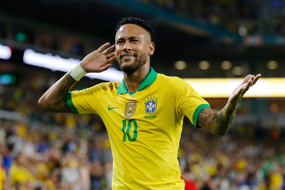 Neymar Jr., who went through a breakup recently with Bruna Biancardi, reacts during game after a goal against Colombia