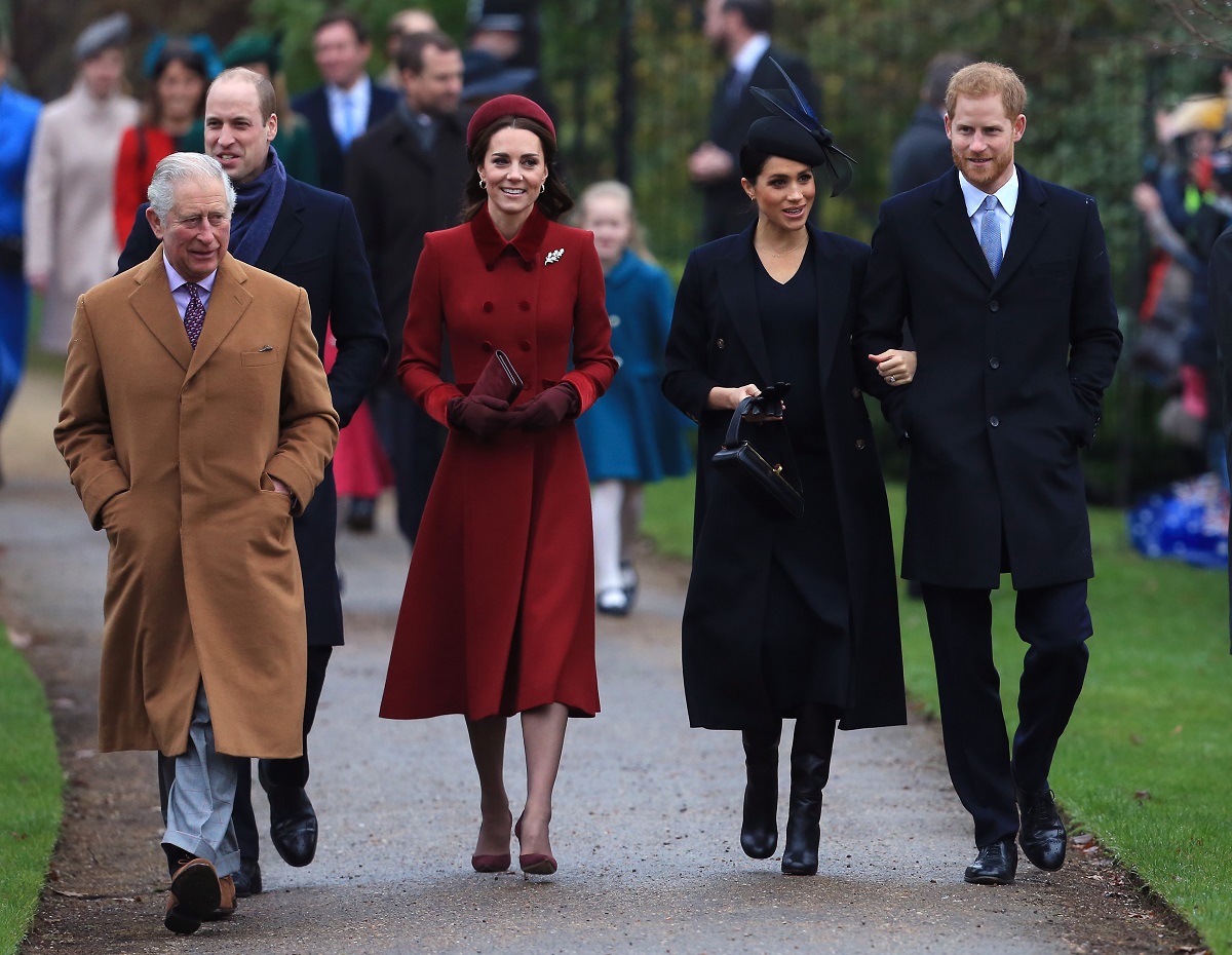 Now-King Charles III, Prince William, Kate Middleton, Meghan Markle, and Prince Harry arrive to attend Christmas Day church service in 2018