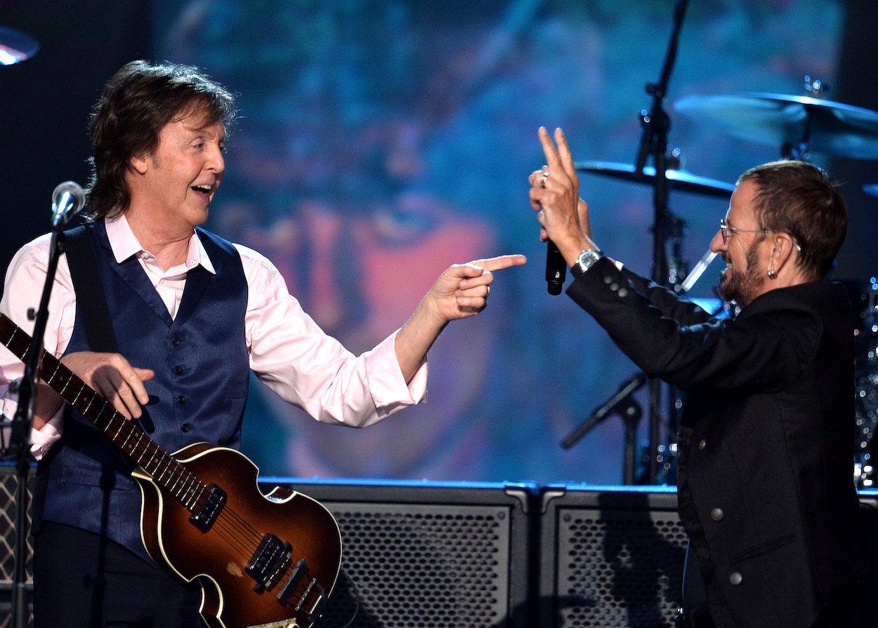 Paul McCartney (left) and Ringo Starr during a Grammy salute to the Beatles in 2014. Paul channeled Ringo when asked what he could do to help the drummer become a knight.