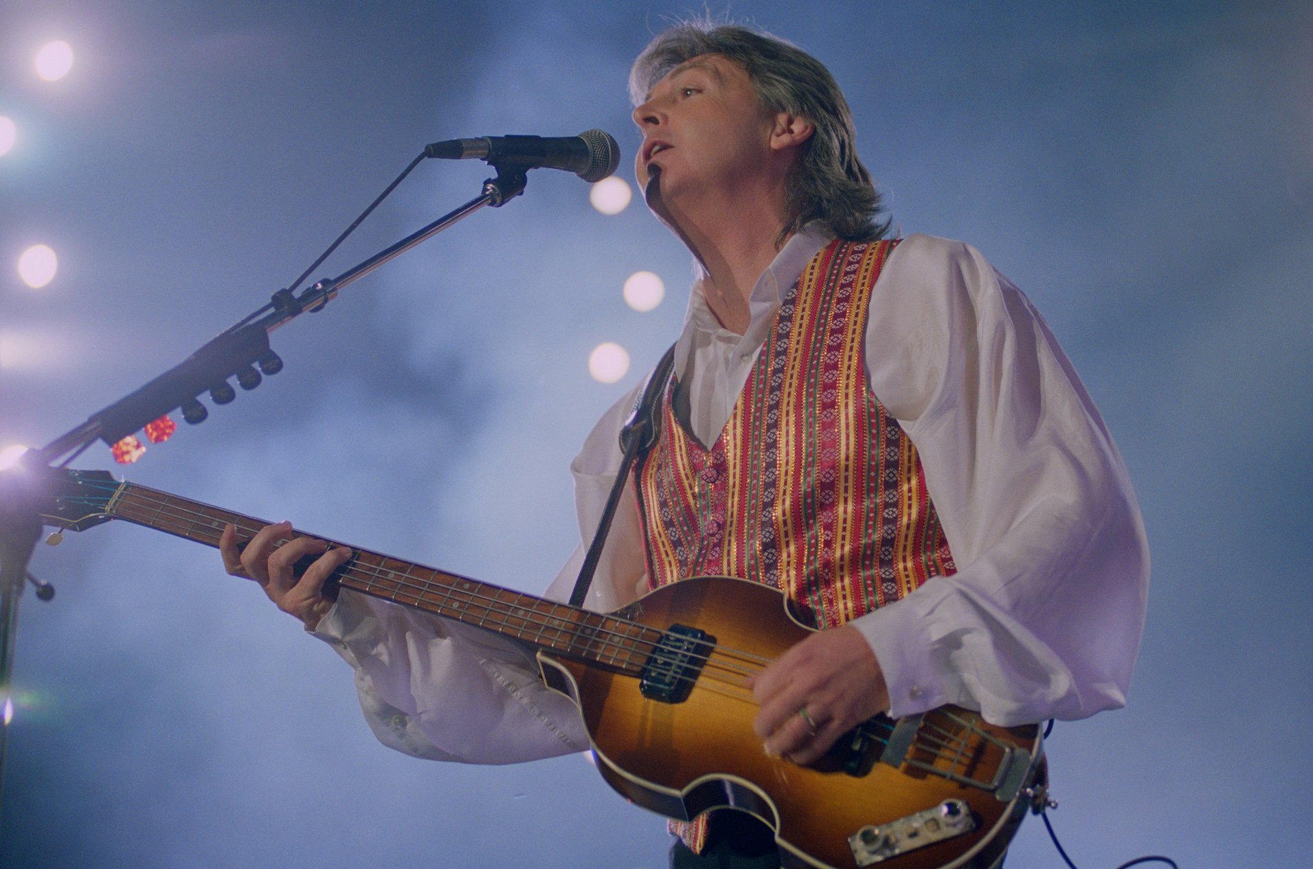 Paul McCartney performs on the New World Tour at the Docklands Arena in London in 1993