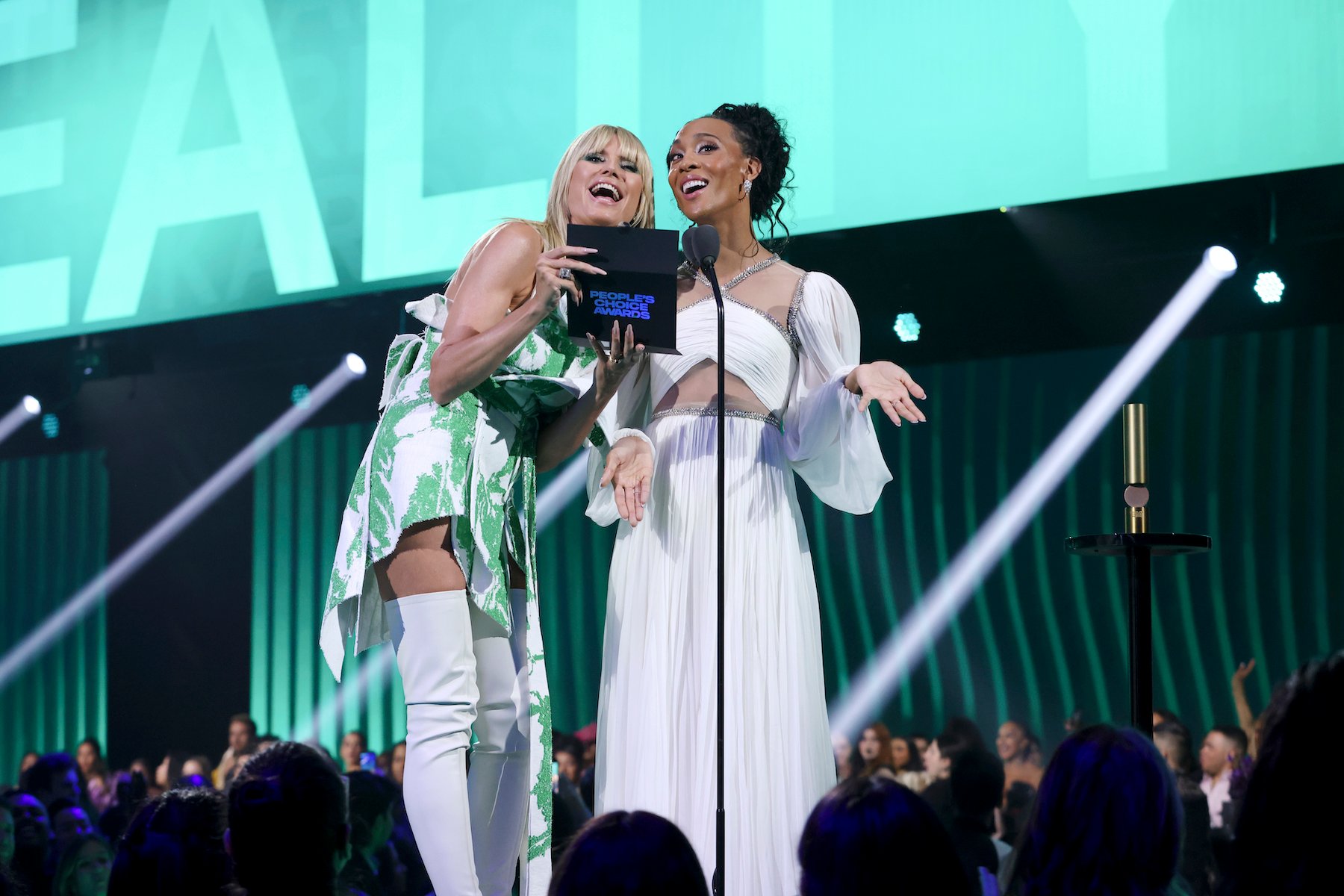 Heidi Klum and Michaela Jaé Rodriguez announcing one of the winners at the 2022 People's Choice Awards