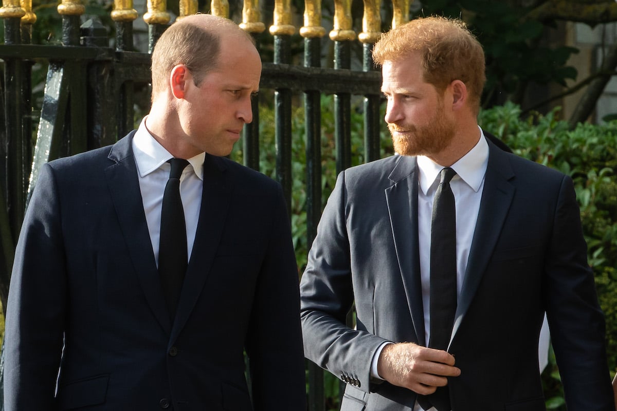 Prince William and Prince Harry look at each other without smiling.