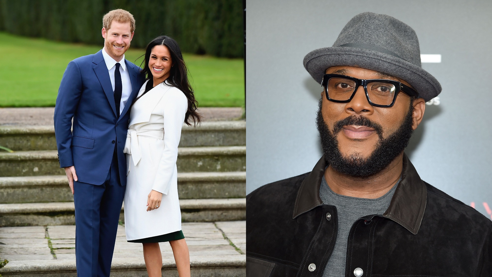 (L) Prince Harry and Meghan Markle pose for an official engagement photo in 2017. (R) Tyler Perry attends the "Acrimony" New York Premiere on March 27, 2018.