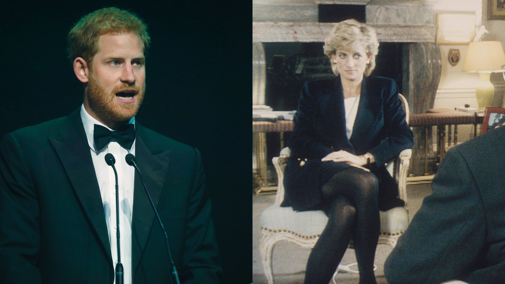 (L) Prince Harry talks after receiving a posthumous Attitude Legacy Award on behalf of his mother Diana, Princess of Wales, at the Attitude Awards on October 12, 2017 in London, England. (R) Princess Diana during an interview with Martin Bashir for BBC's 'Panorama'.