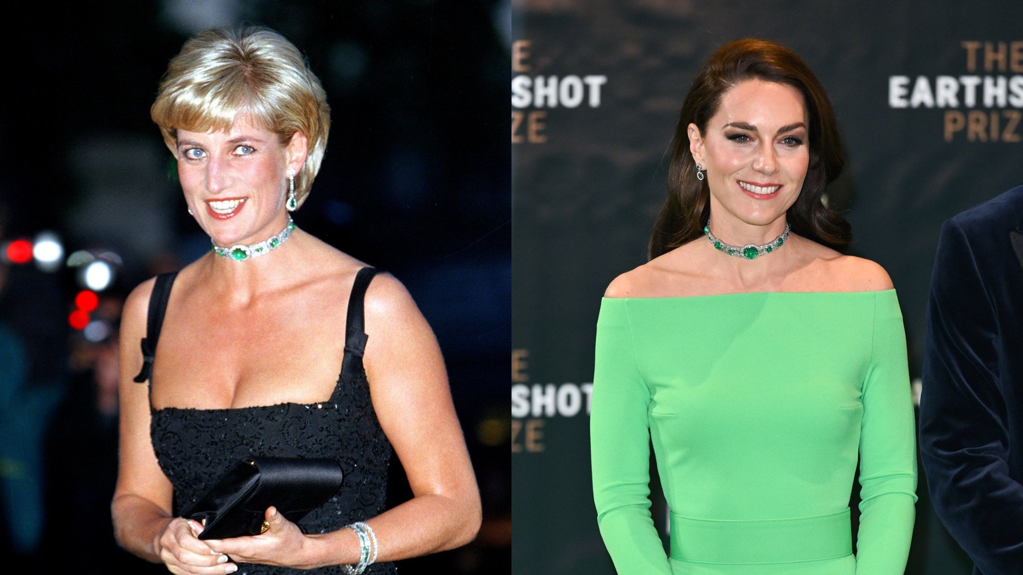 (L) Princess Diana at a Gala Dinner on her 36th birthday. (R) Kate Middleton, Princess of Wales, attends The Earthshot Prize 2022 at MGM Music Hall at Fenway on December 02, 2022, in Boston, Massachusetts.