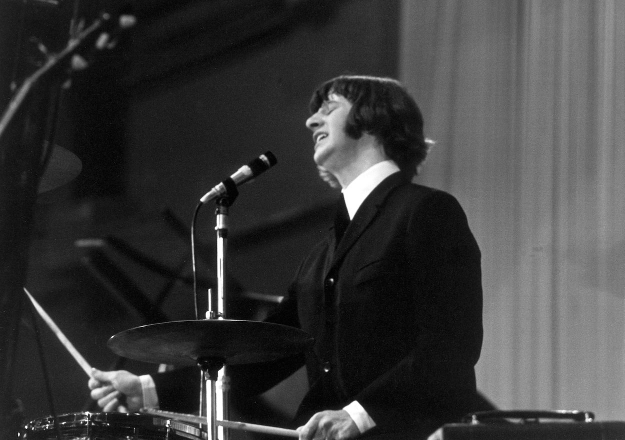 Ringo Starr, whop copied a drum solo from a well-known 1960s song for his only Beatles solo, performs with The Beatles in 1965.