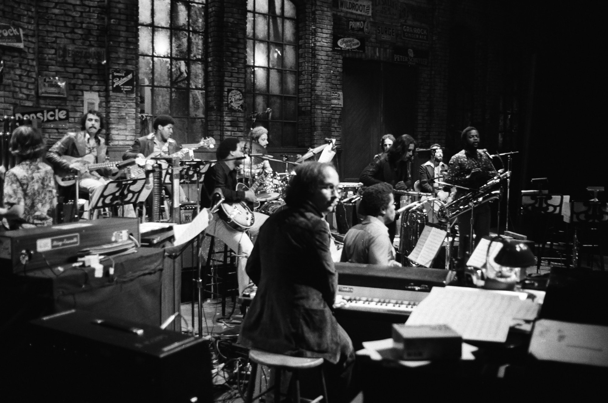 'Saturday Night Live' band performing opening theme song in black-and-white picture