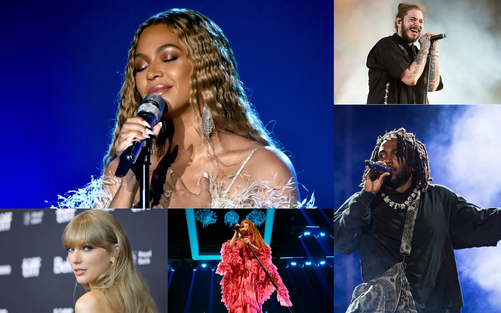 A joined photo of Beyoncé, Taylor Swift, Florence + the Machine, Kendrick Lamar, and Post Malone for Showbiz Cheat Sheet's Best Songs of 2022 nominees