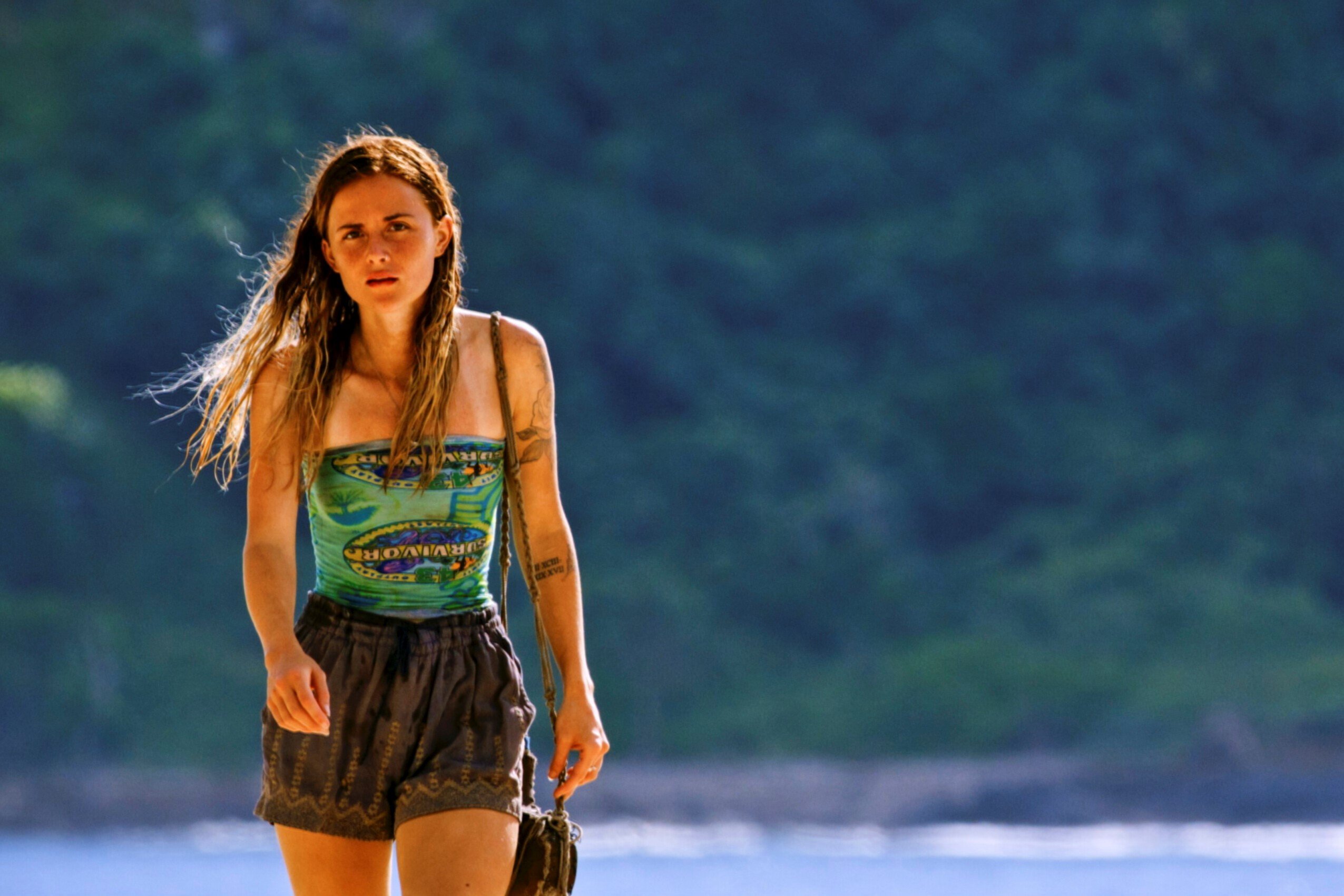 Cassidy Clark, who according to some spoilers, might win 'Survivor' Season 43, wears her light blue 'Survivor' buff as a top and dark gray shorts.