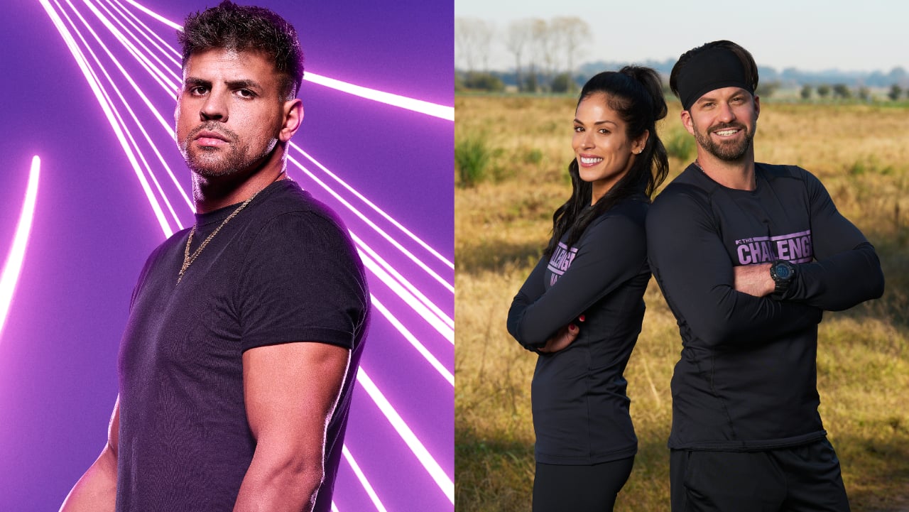 Fessy Shafaat, Nany Gonzalez, and Johnny Bananas Devenanzio posing for 'The Challenge 38' cast photos