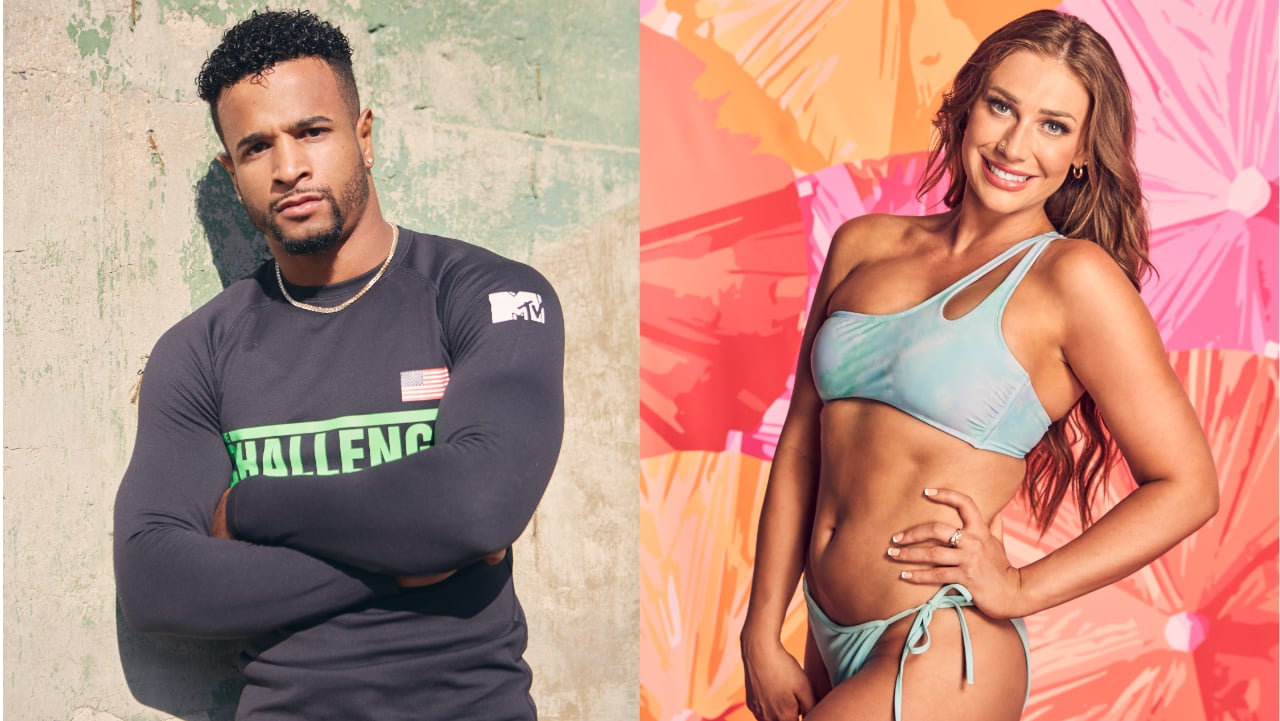 Nelson Thomas posing for 'The Challenge 35' cast photo; Olivia Kaiser posing for 'Love Island' cast photo