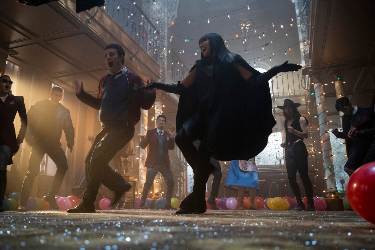 'The Umbrella Academy' Season 3 scene showing the group dancing to 'Footloose.' 'The Umbrella Academy' Season 4 looks to finish filming in May 2023.