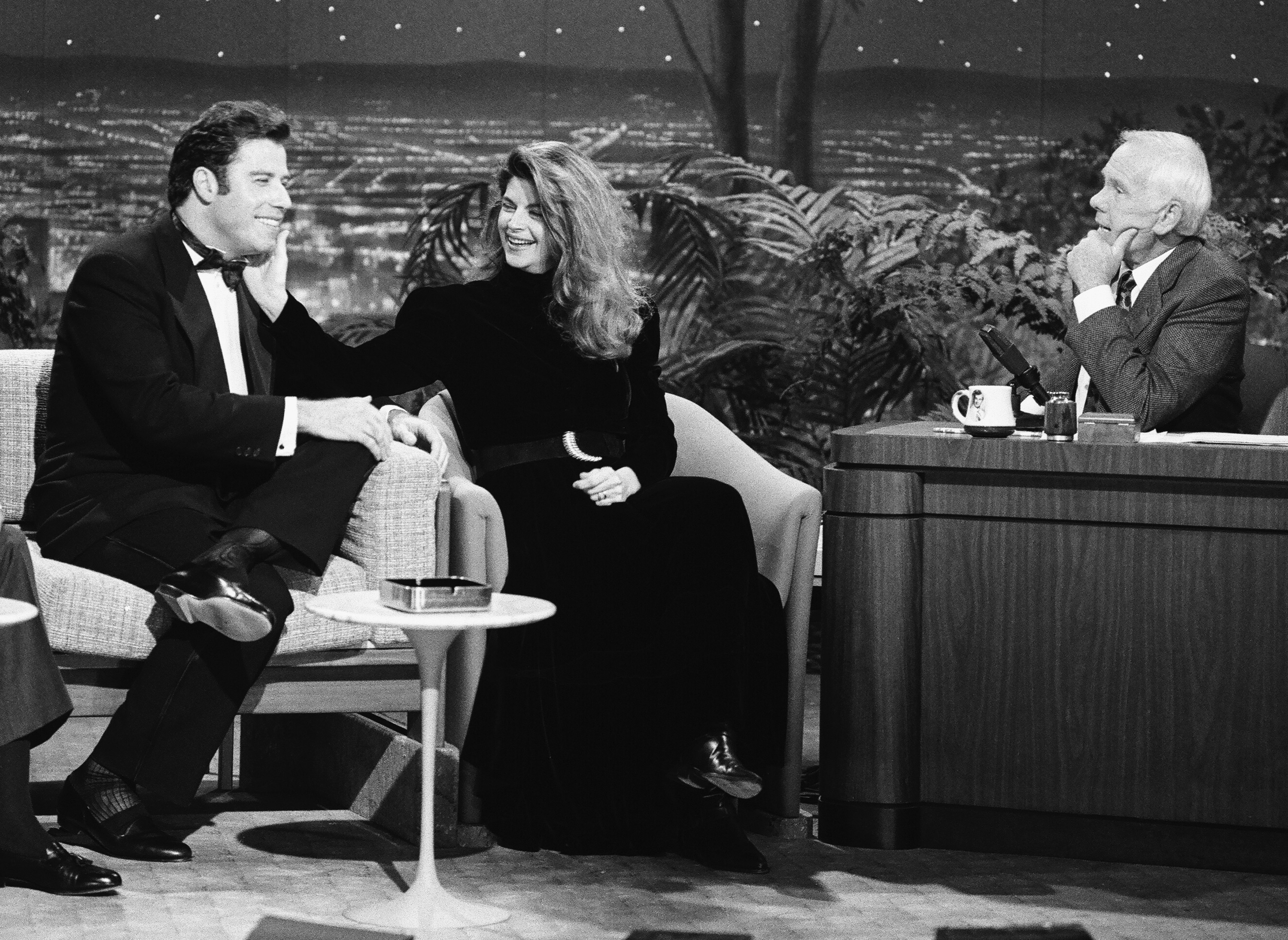 John Travolta and Kirstie Alley during an interview with host Johnny Carson on December 13, 1990