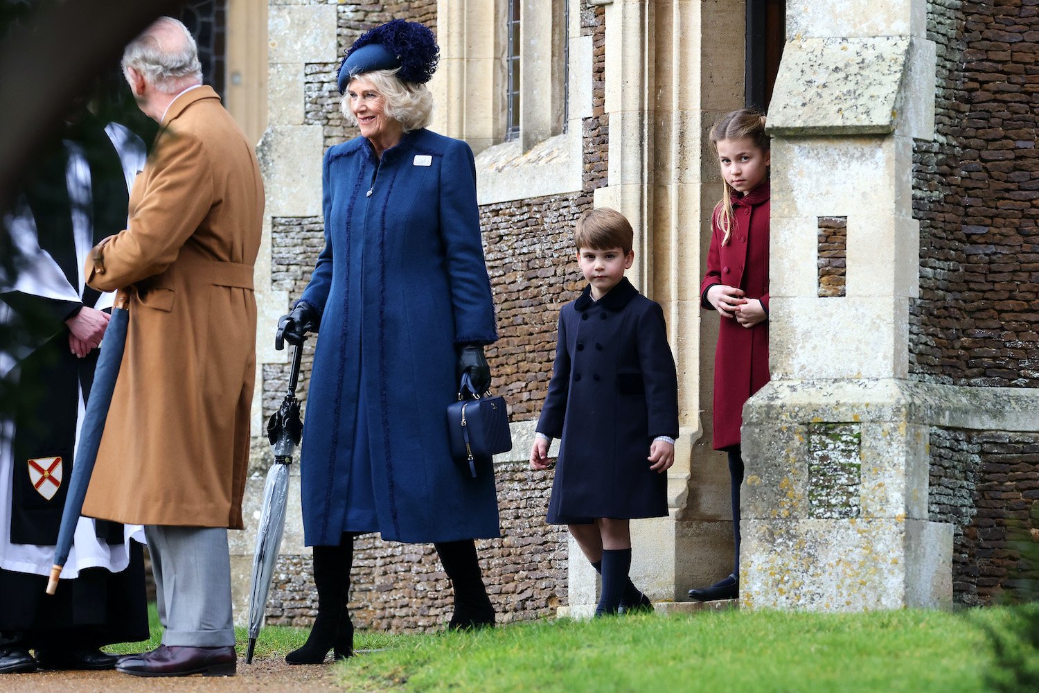 Camilla Parker Bowles and Prince Louis leave Christmas day service at Sandringham church with King Charles, Princess Charlotte