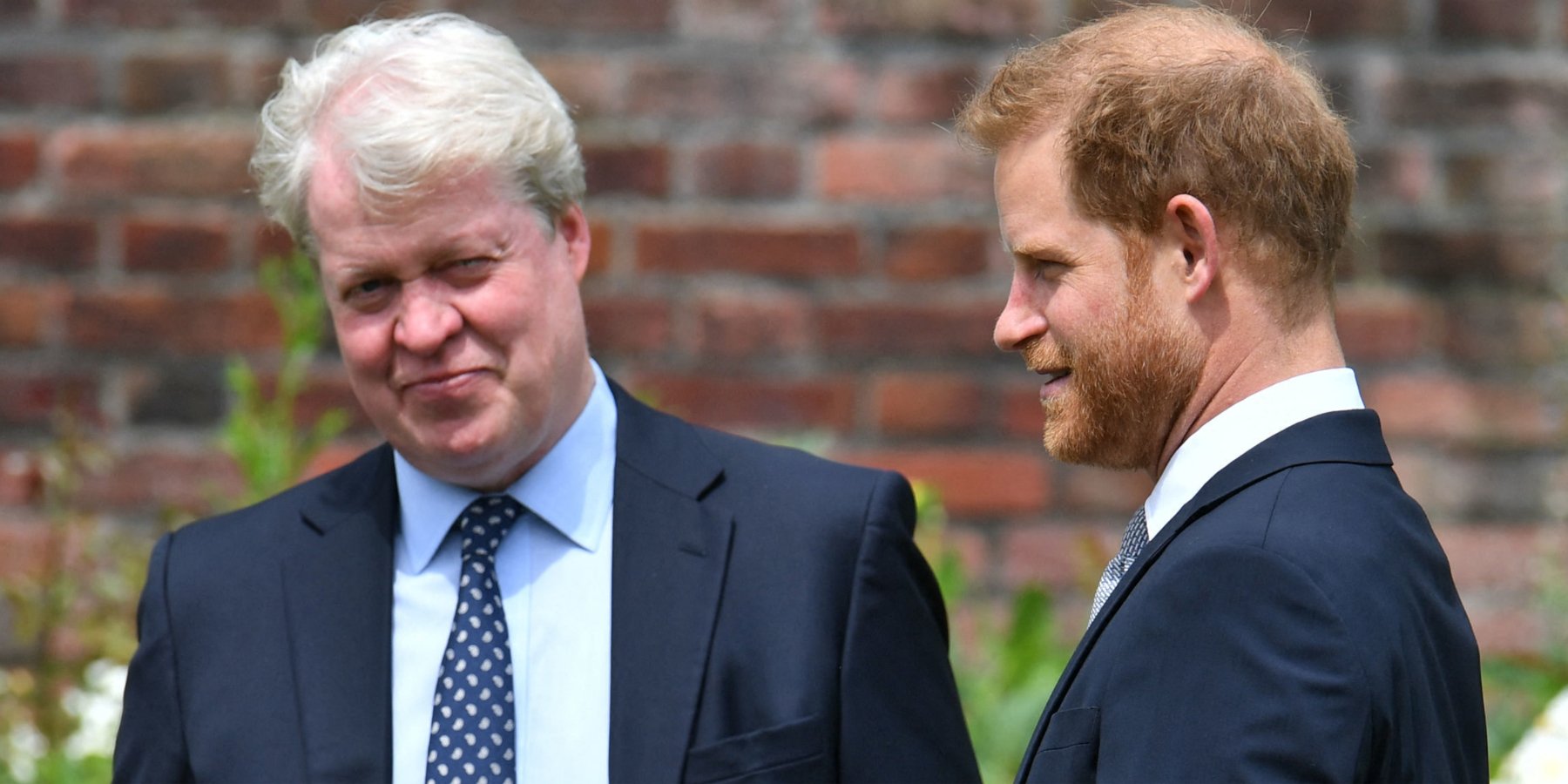 Charles Spencer and Prince Harry at unveiling of a statue of their mother, Princess Diana at The Sunken Garden in Kensington Palace, London on July 1, 2021.