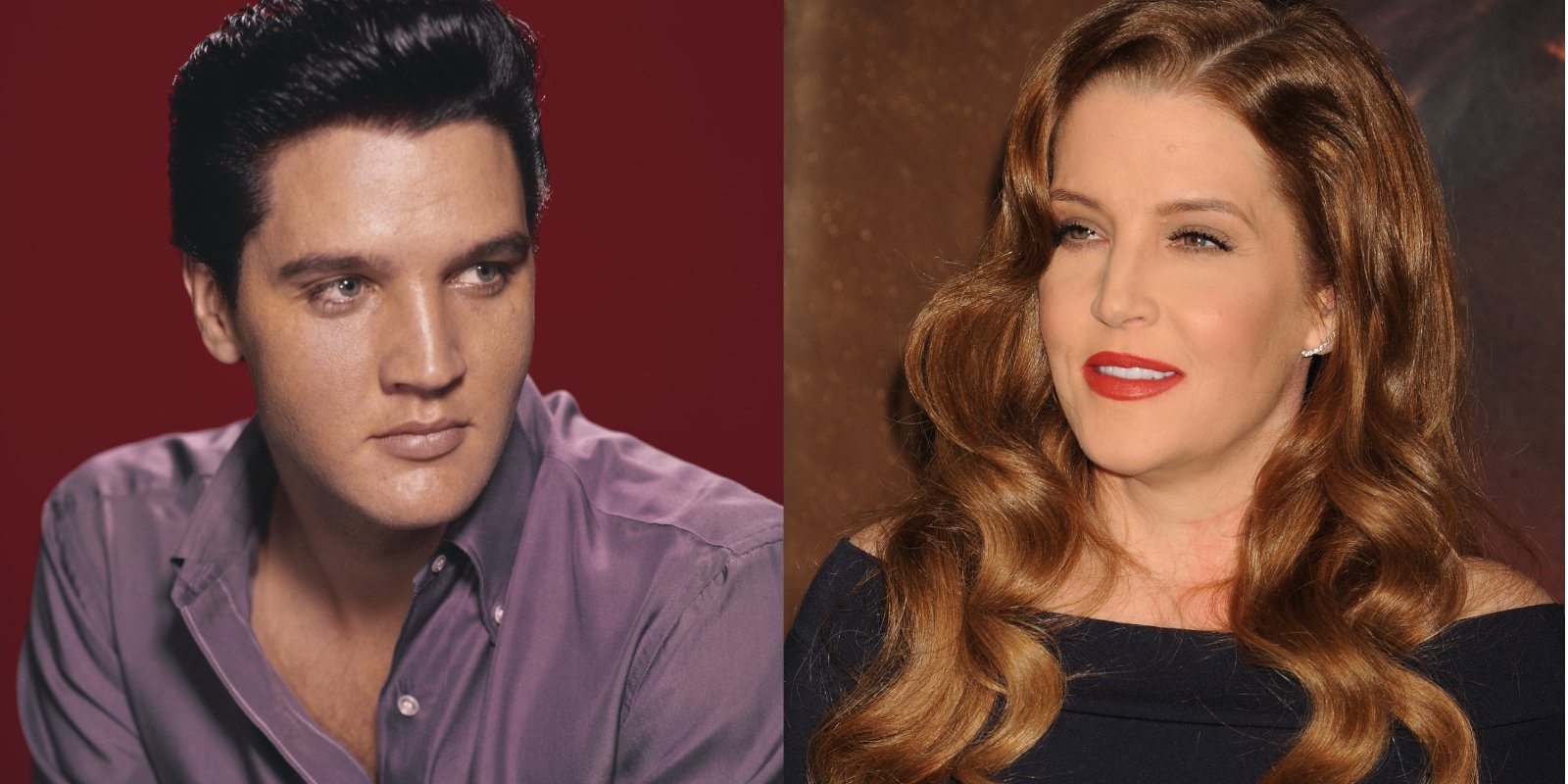 Elvis Presley and Lisa Marie Presley pose in side-by-side photographs.