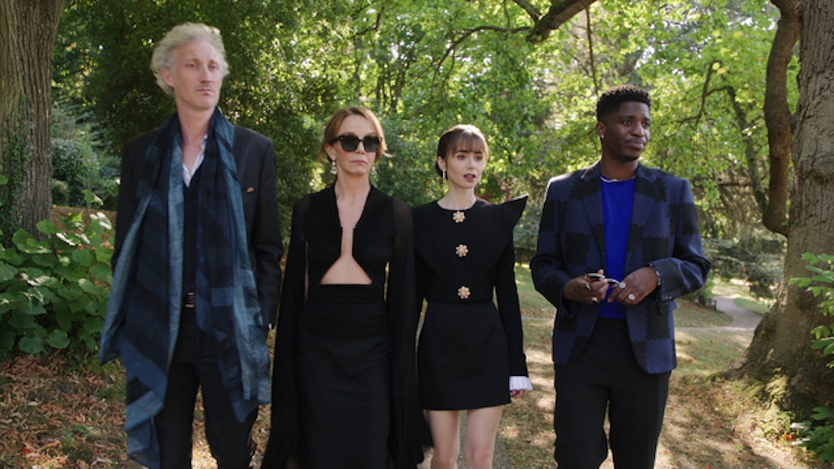 Bruno Gouery as Luc, Philippine Leroy-Beaulieu as Sylvie Grateau, Lily Collins as Emily, Samuel Arnold as Julien in episode 8 of 'Emily in Paris' Season 3