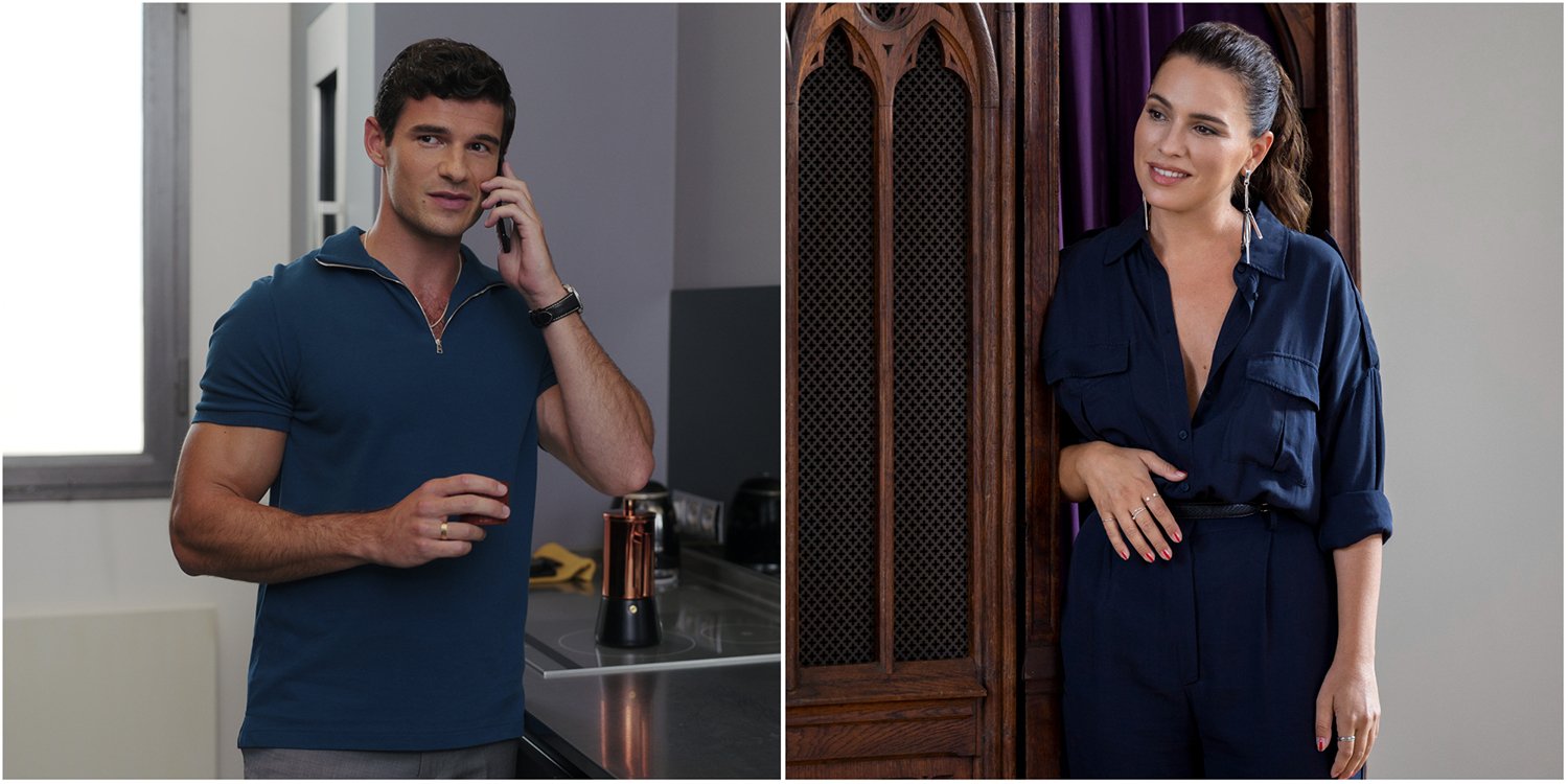 Side-by-side photos of Emily in Paris Season 3 cast members Paul Forman as Nicolas De Leon talking on the phone and Melia Krailing as Sofia Sideris leaning against a doorframe.