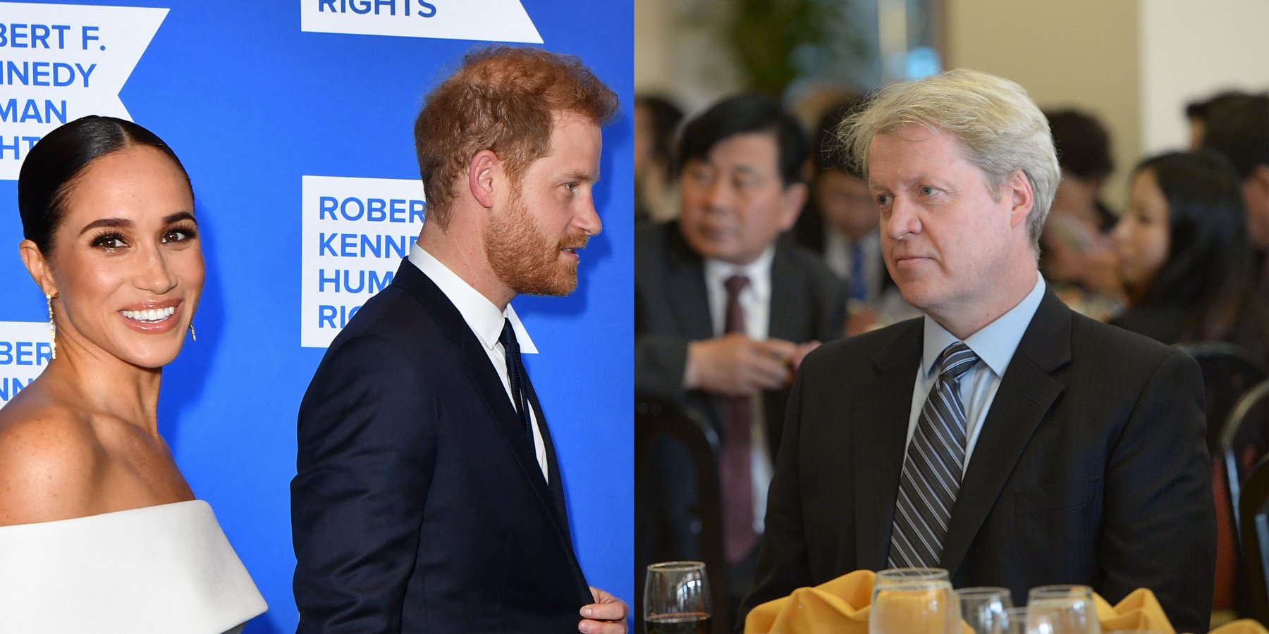 Meghan Markle, Prince Harry and Charles Spencer are pictured in side by side photographs.