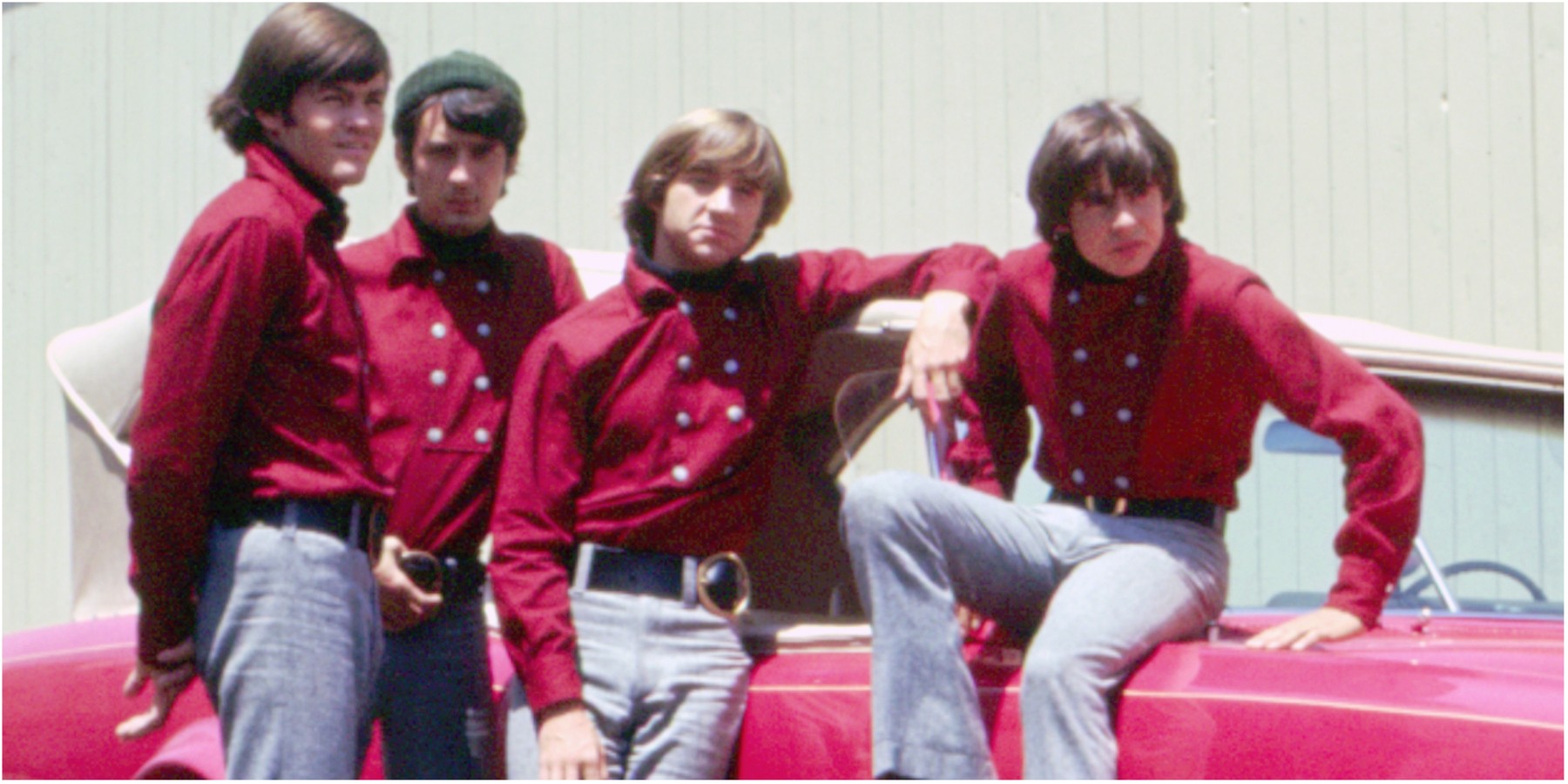 Micky Dolenz, Mike Nesmith, Peter Tork, and Davy Jones on 'The Monkees' set.