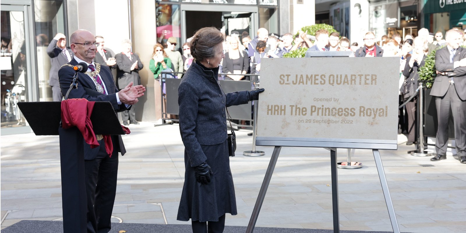Princess Anne, Princess Royal unveils the foundation stone at St James Quarter, Edinburgh during a VIP tour of St James Quarter on September 29, 2022 in Edinburgh, Scotland.