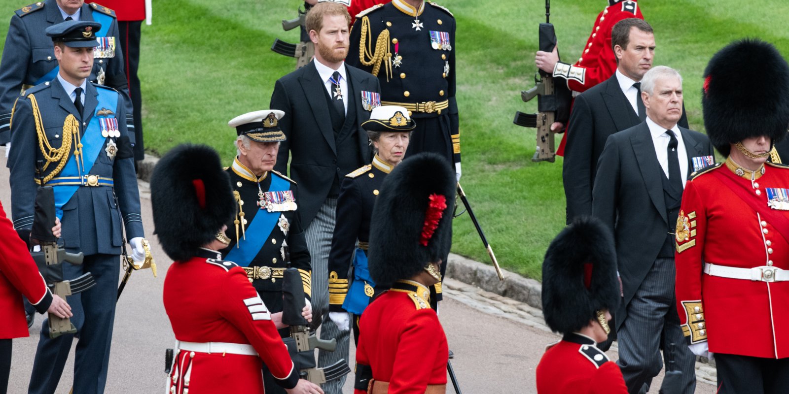 Prince William, Prince Harry, Prince Charles, Princess Anne and Prince Andrew appear at the committal service for Queen Elizabeth in the fall of 2022.