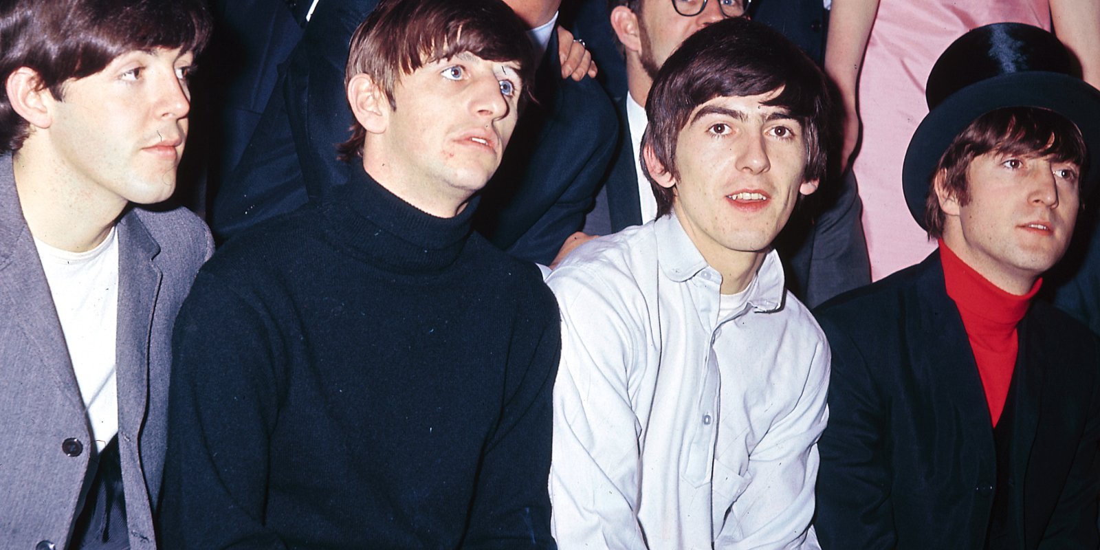 Paul McCartney, Ringo Starr, George Harrison and John Lennon of The Beatles appear at a press call to promote the band's upcoming Christmas Show performances at the Finsbury Park Astoria in London, 23rd December 1963.