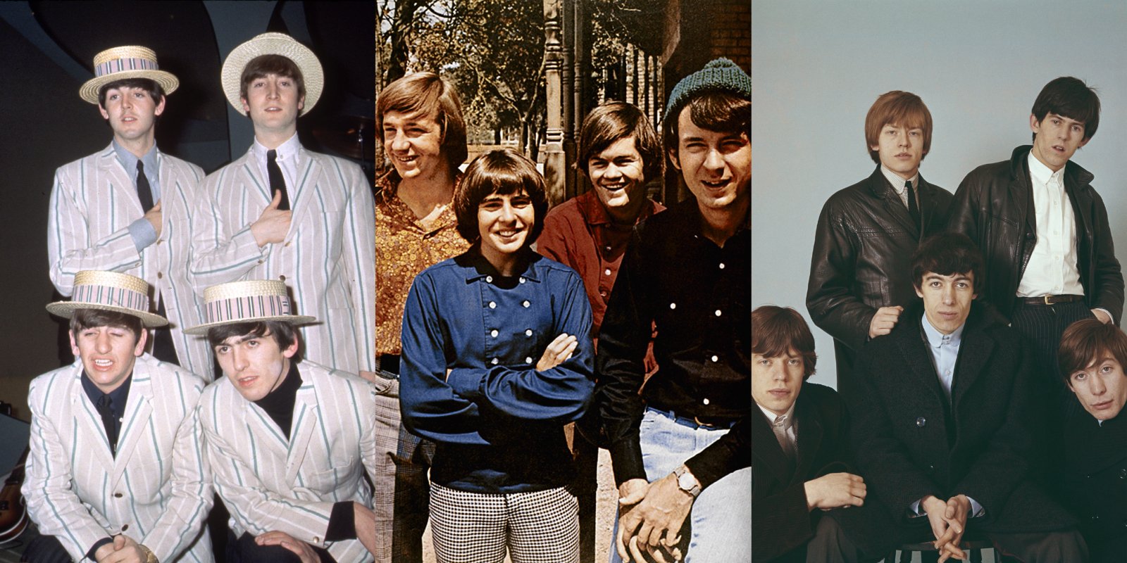 The Beatles, The Monkees and The Rolling Stones in a composite photograph.