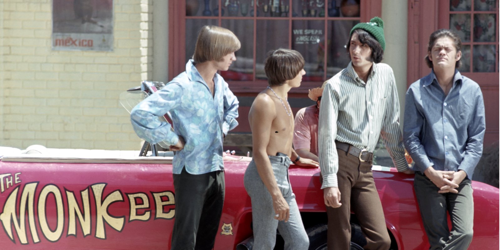 The Monkees on the set of their NBC television series. The cast included Peter Tork, Davy Jones, Mike Nesmith and Micky Dolenz.