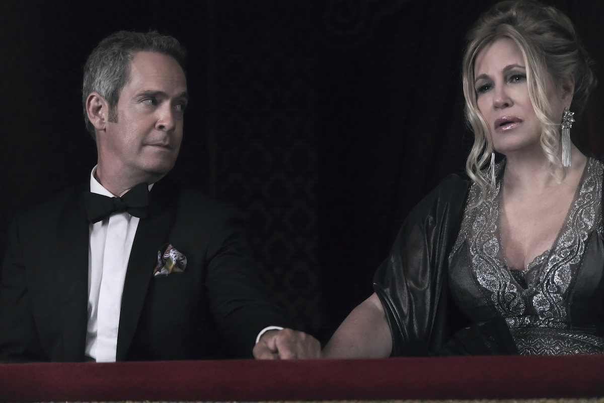 Quentin (Tom Hollander) and Tanya (Jennifer Coolidge), who many fans fear will die in 'The White Lotus Sicily' finale, at the opera in episode 5