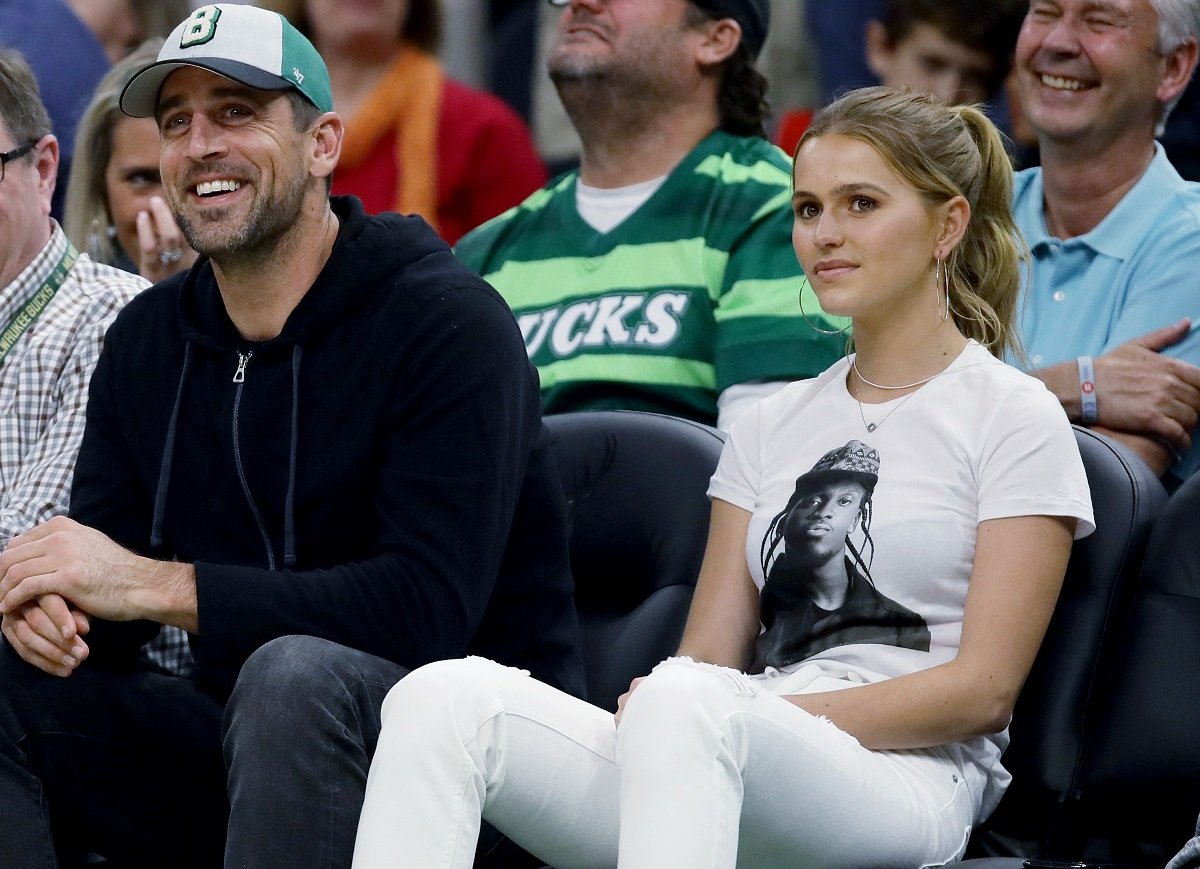 Aaron Rodgers, who is older than his rumored girlfriend Mallory Edens,look on during Milwaukee Bucks Game 5 of the Eastern Conference Finals