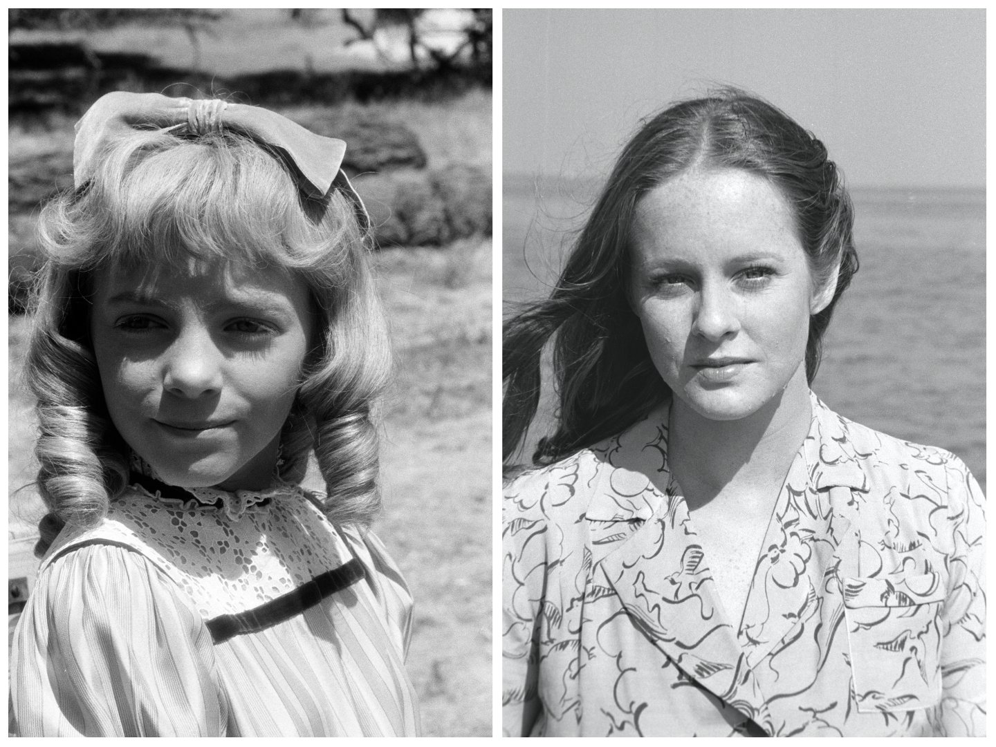Side by side black and white photos on Alison Arngrim as Nellie Oleson on 'Little House on the Prairie' and Mary McDonough as Erin Walton on 'The Waltons'