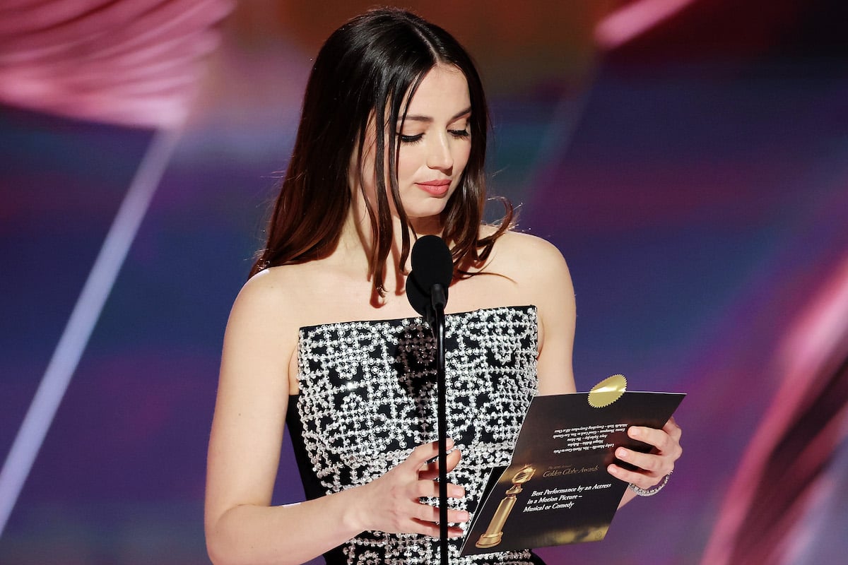 Ana de Armas speaks onstage at the 80th Annual Golden Globe Awards wearing a black and white dress