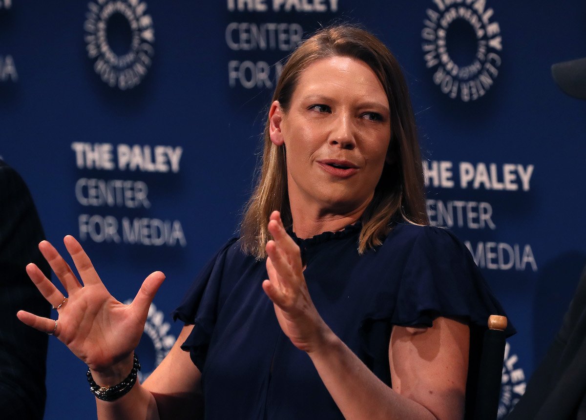 Anna Torv is speaking against a blue backdrop that features the Paley Center logo.