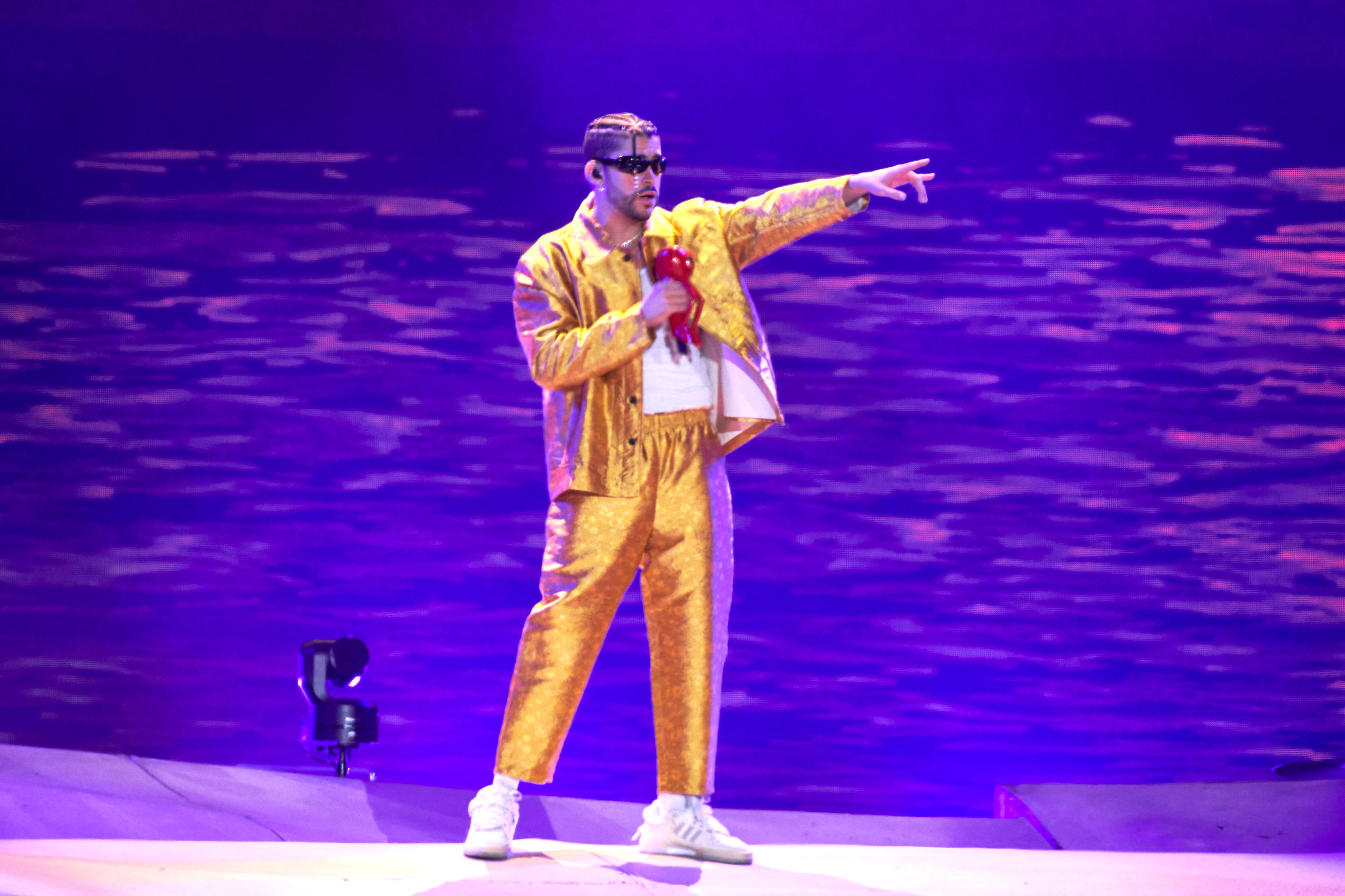 Bad Bunny performing during his second concert at Azteca Stadium, as a part of World Hottest Tour