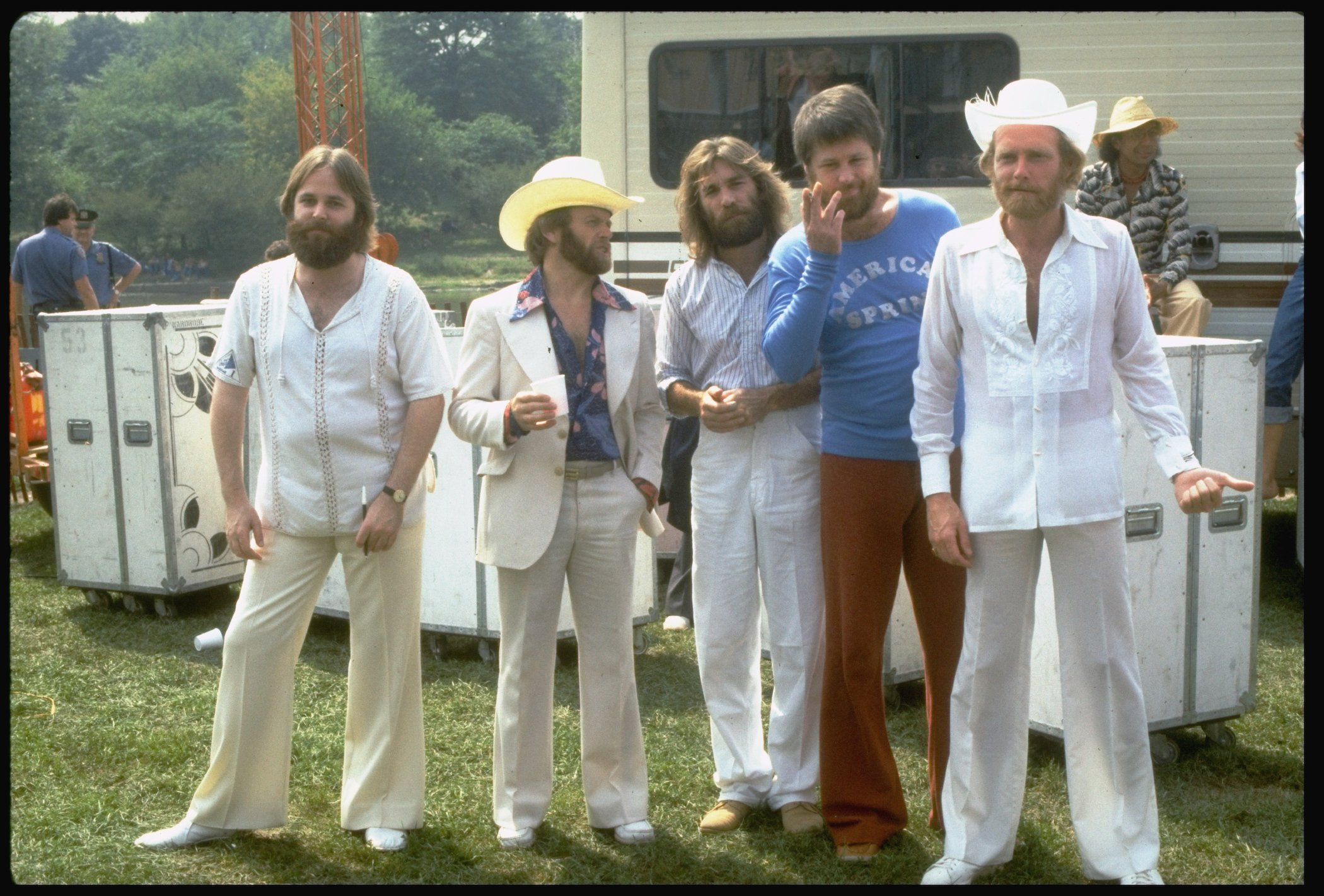Rock and roll band The Beach Boys pose for a portrait backstage of their concert in Central Park